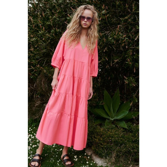 ZARA Tiered Poplin Pink Dress Voluminous New - Picture 2 of 5